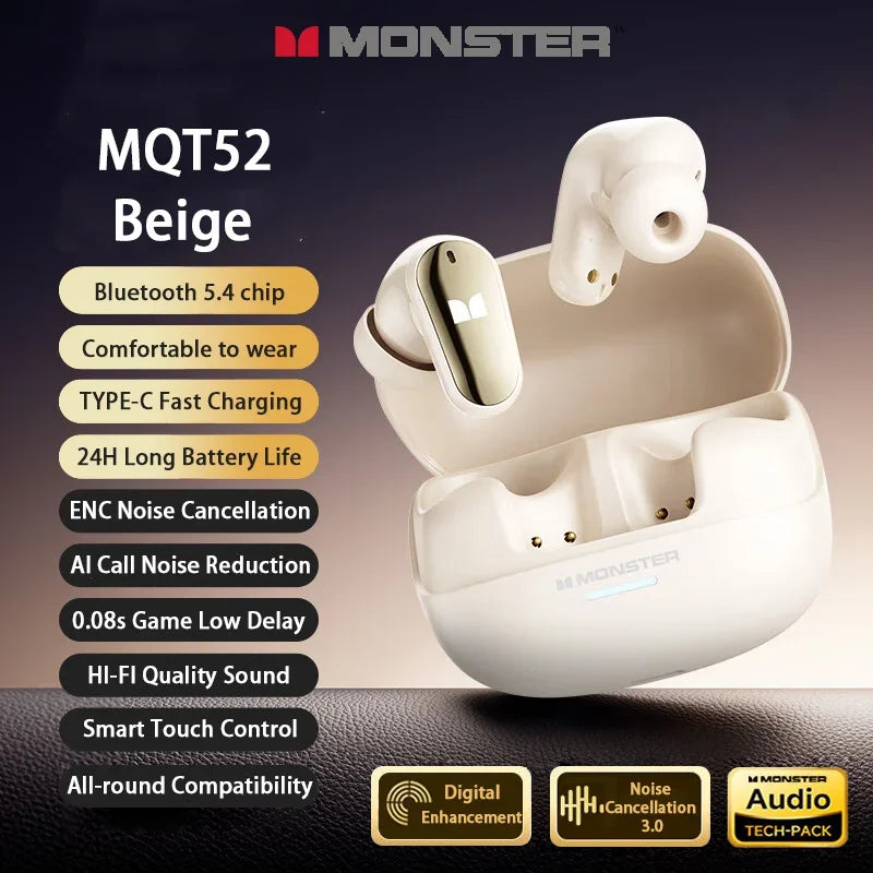 Monster MQT52 TWS Wireless Bluetooth 5.4 Earbuds – Noise-Canceling, Gaming & HIFI Sound