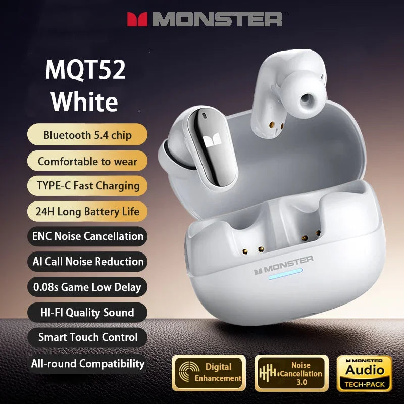 Monster MQT52 TWS Wireless Bluetooth 5.4 Earbuds – Noise-Canceling, Gaming & HIFI Sound