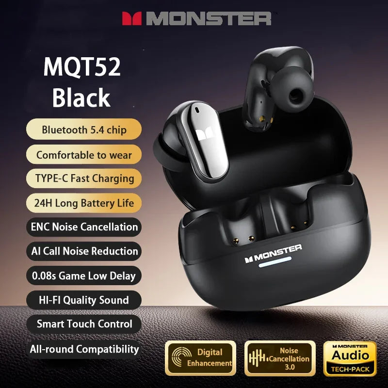 Monster MQT52 TWS Wireless Bluetooth 5.4 Earbuds – Noise-Canceling, Gaming & HIFI Sound